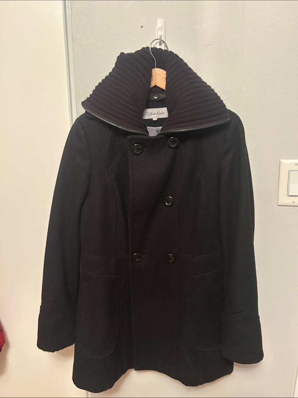 Calvin Klein Black Ribbed-Collar Double-Breasted Coat